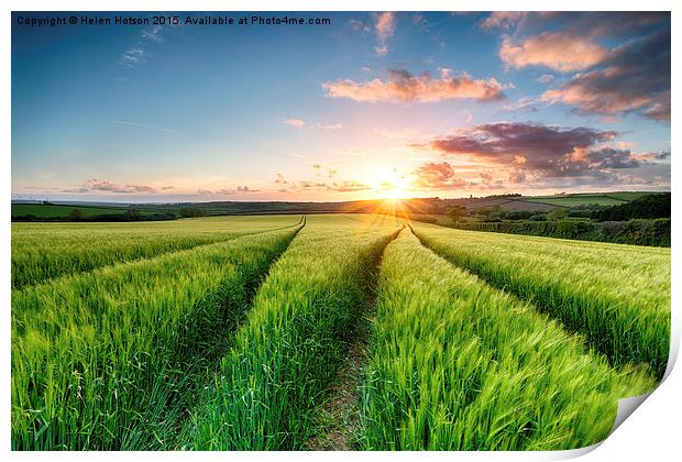 Cornish Sunset over Farmland Print by Helen Hotson