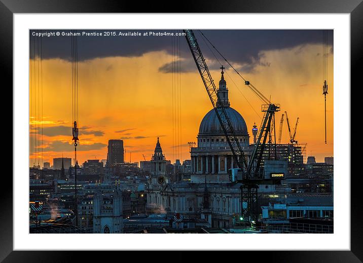 Sunset over St Paul's Cathedral with cranes Framed Mounted Print by Graham Prentice