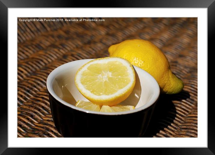 Refreshing Sliced Lemon Outdoors on Wooden Wicker  Framed Mounted Print by Mark Purches