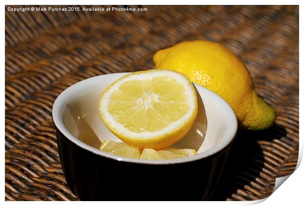 Refreshing Sliced Lemon Outdoors on Wooden Wicker  Print by Mark Purches
