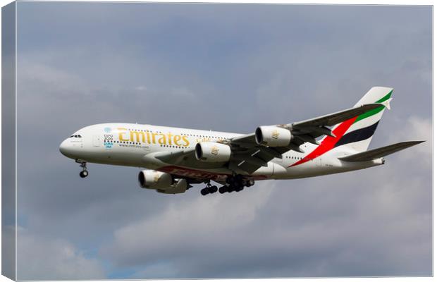 Emirates Airlines A380 Canvas Print by David Pyatt