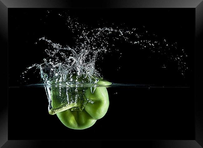 Green Pepper Splash. Framed Print by Mark Squirrel