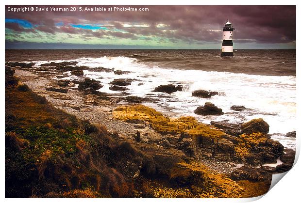 Trwyn Du Lighthouse, East Anglesey Coast Print by David Yeaman