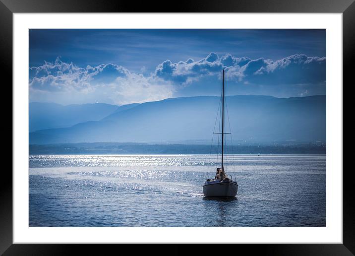 Boat on Lac Leman at Sunset Framed Mounted Print by Meurig Pembrokeshire