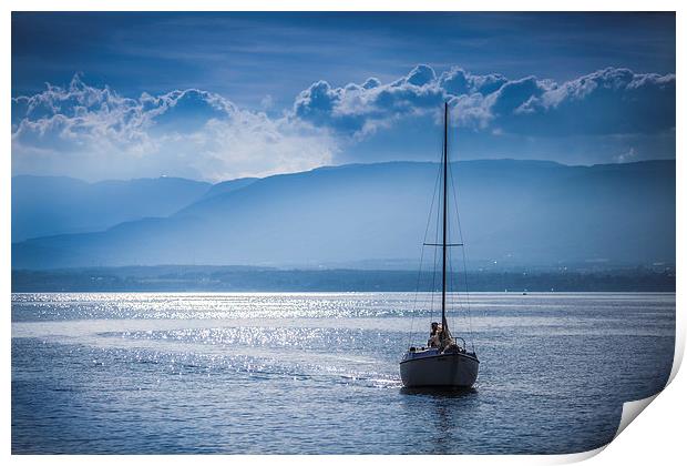 Boat on Lac Leman at Sunset Print by Meurig Pembrokeshire