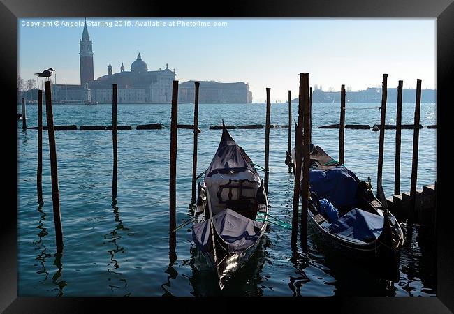  Gondolas overlooking San Giorgio Maggiore in Veni Framed Print by Angela Starling