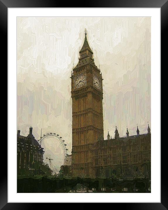 Big Ben and the London Eye as an oil painting Framed Mounted Print by Chris Day