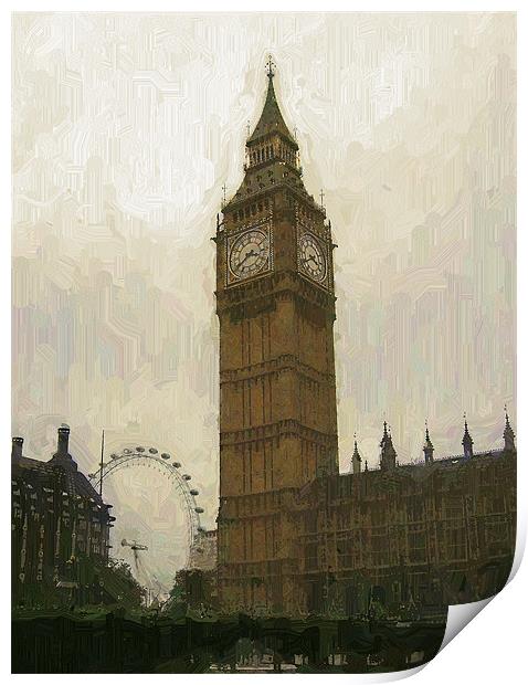 Big Ben and the London Eye as an oil painting Print by Chris Day