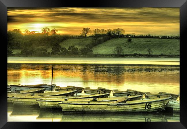 Thornton Reservoir,Boats at Sunrise Framed Print by Simon Gladwin