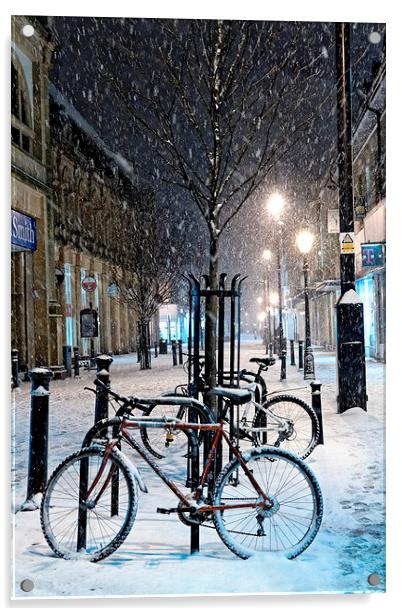  Cycles in the Snow, Cambridge Street, Harrogate Acrylic by Paul M Baxter