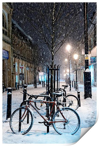  Cycles in the Snow, Cambridge Street, Harrogate Print by Paul M Baxter