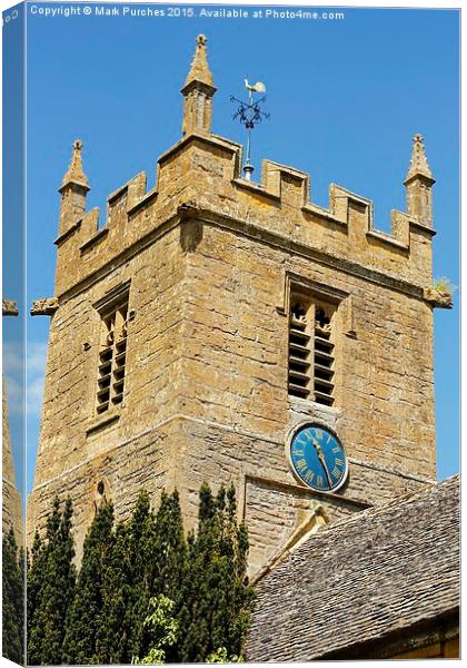 St Peter's Church Tower Blue Clock Face - Stanway  Canvas Print by Mark Purches