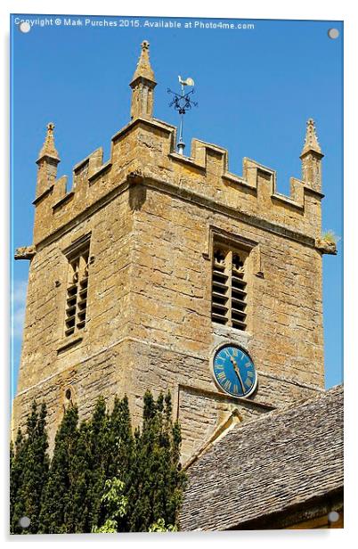 St Peter's Church Tower Blue Clock Face - Stanway  Acrylic by Mark Purches