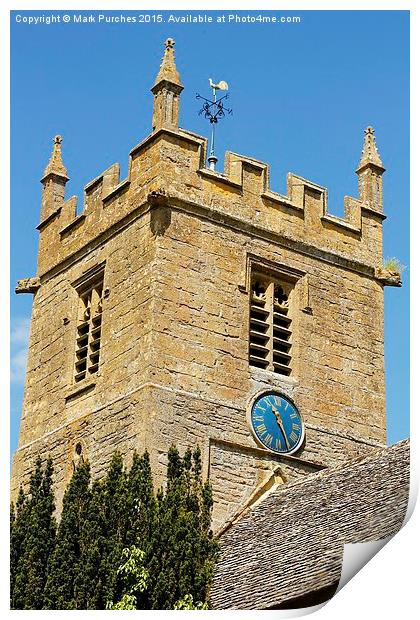 St Peter's Church Tower Blue Clock Face - Stanway  Print by Mark Purches