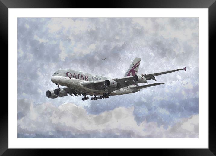 Qatar Airlines Airbus And Seagull Escort Art Framed Mounted Print by David Pyatt