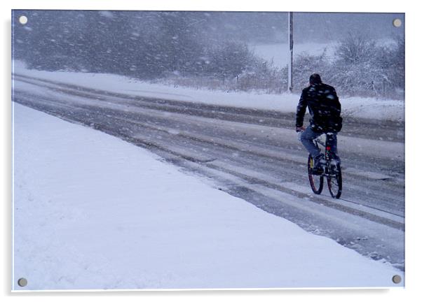 Cyclist In The Snow Acrylic by val butcher