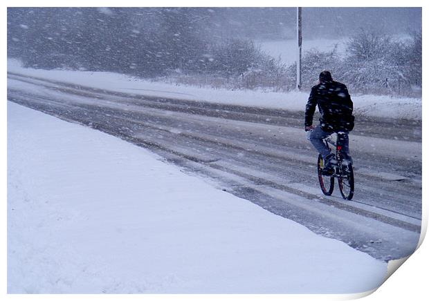 Cyclist In The Snow Print by val butcher