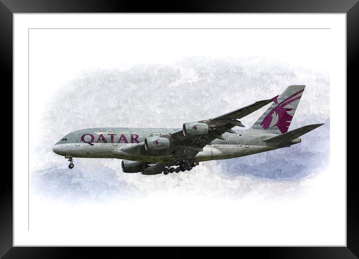 Qatar Airlines Airbus And Seagull Escort Art Framed Mounted Print by David Pyatt