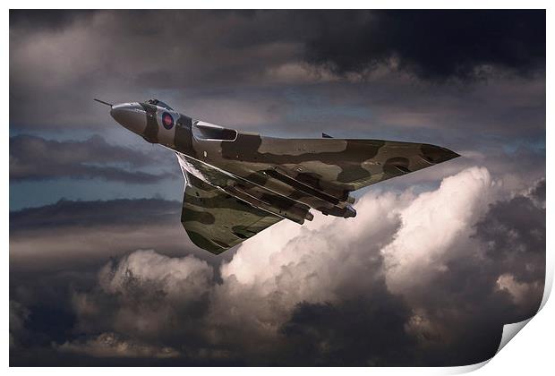 AVRO Vulcan XH558 cruising in moody sky Print by Andrew Scott