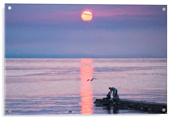 Family Fishing Sunset Digital Painting Acrylic by Antony McAulay