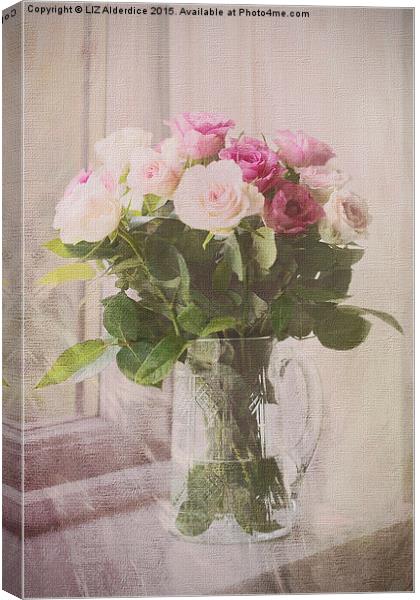  Pink Roses in a Glass Jug Canvas Print by LIZ Alderdice