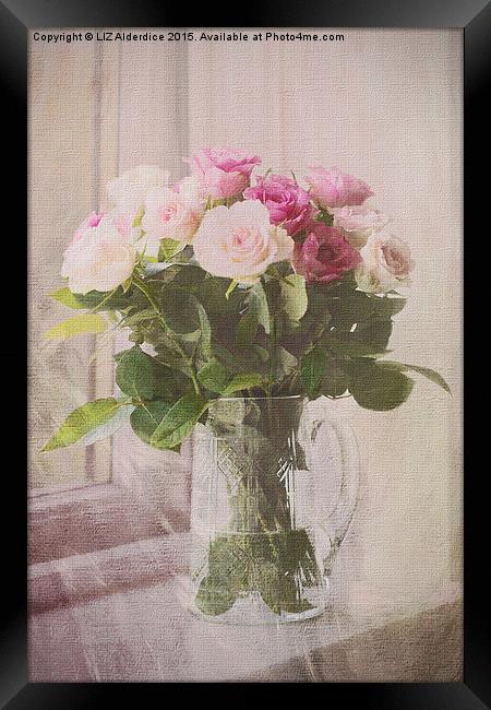  Pink Roses in a Glass Jug Framed Print by LIZ Alderdice