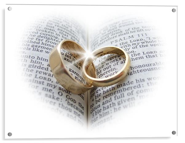 Wedding rings on an open Bible Acrylic by Pete Holloway