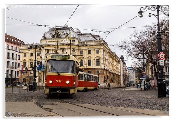 Tram in front of the Slovak national theatre Acrylic by Jason Wells