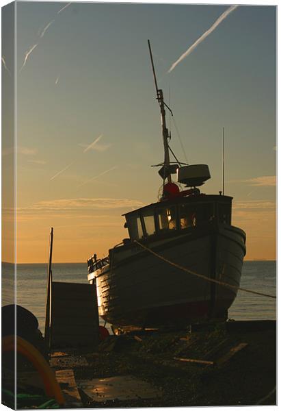Fishing Boat At Dawn Canvas Print by val butcher