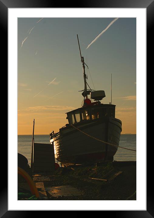 Fishing Boat At Dawn Framed Mounted Print by val butcher