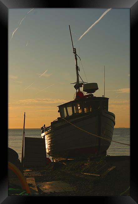 Fishing Boat At Dawn Framed Print by val butcher