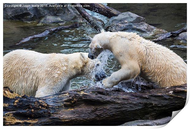 Pair of polar bears playing together in the water Print by Jason Wells