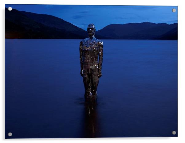 "Still" - The mirror man at Loch Earn, Scotland.  Acrylic by Tommy Dickson