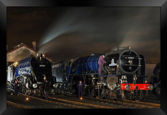 Steam locomotives on shed at night  Framed Print by Ian Duffield