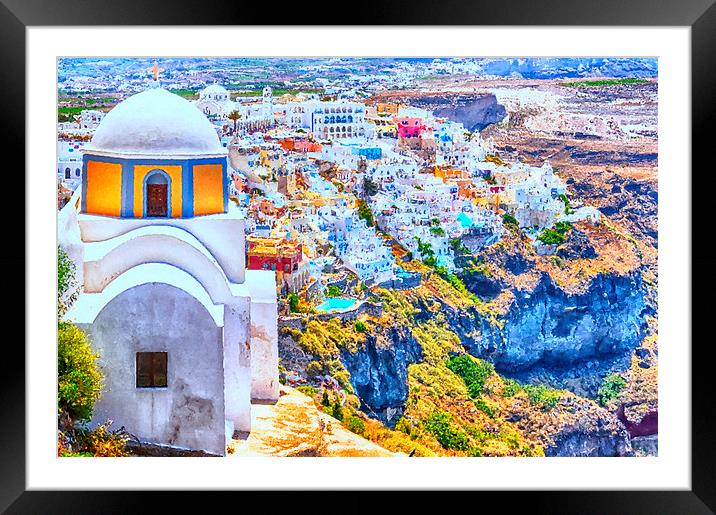 Church With Fira in the background Digital Paintin Framed Mounted Print by Antony McAulay
