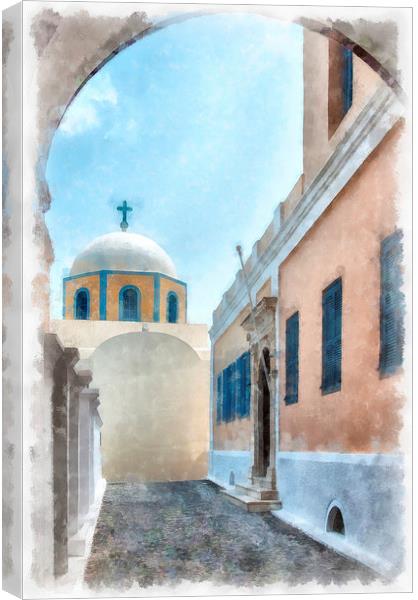 Fira catholic cathedral digital watercolor paintin Canvas Print by Antony McAulay