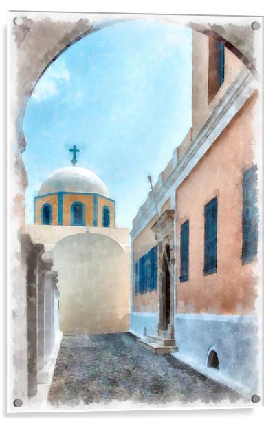 Fira catholic cathedral digital watercolor paintin Acrylic by Antony McAulay