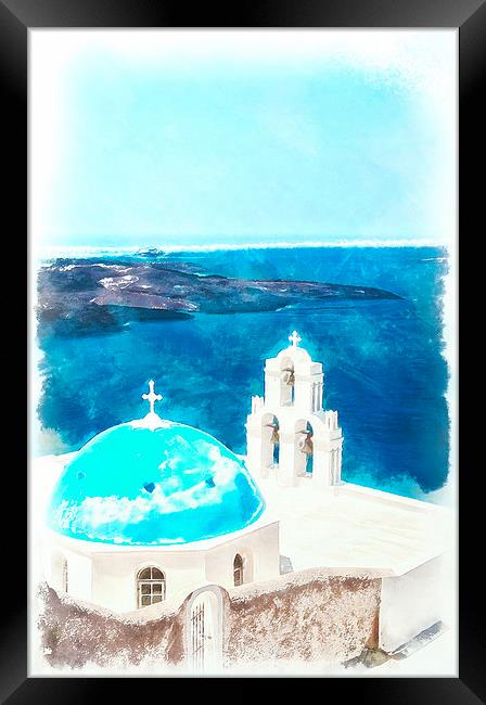 Firostefani church digital watercolor painting Framed Print by Antony McAulay