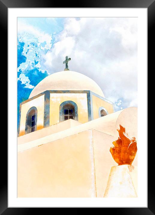 Fira catholic cathedral digital watercolour painti Framed Mounted Print by Antony McAulay