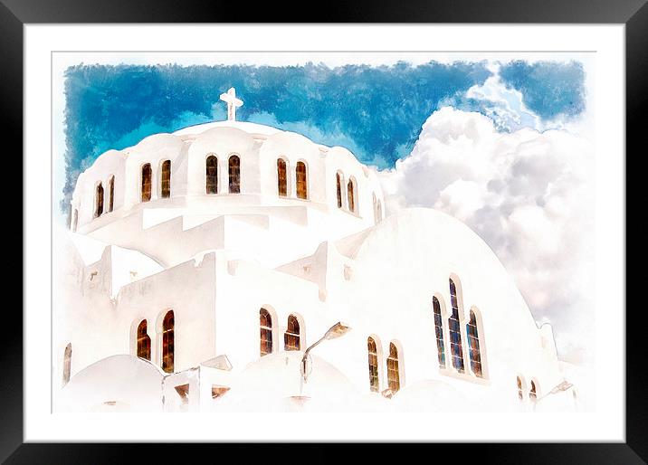 Fira Orthodox Metropolitan cathedral digital water Framed Mounted Print by Antony McAulay