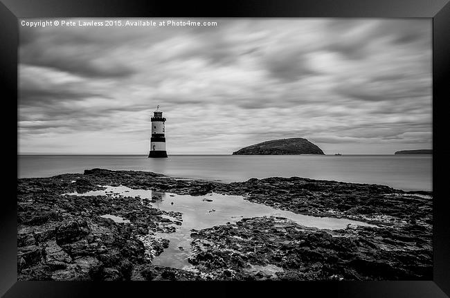  Moody Sky at Penmon Lighthouse mono Framed Print by Pete Lawless