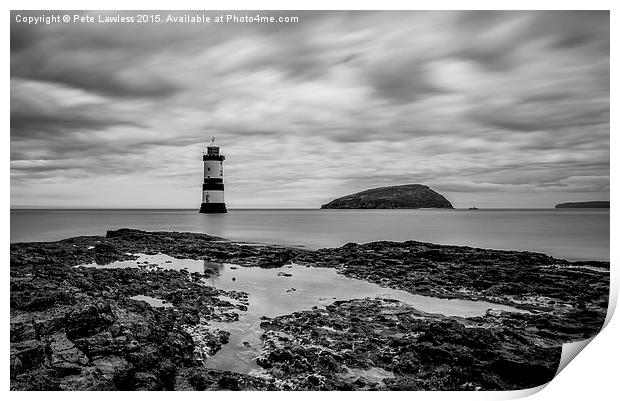  Moody Sky at Penmon Lighthouse mono Print by Pete Lawless