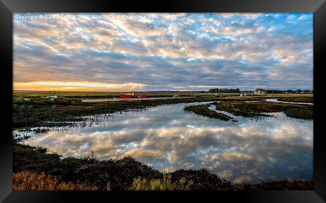  Sunrise over the quay or staithe at Thornham in N Framed Print by Gary Pearson