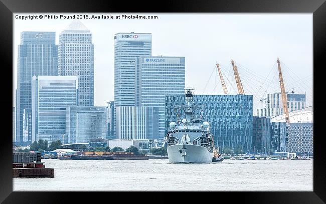 Royal Navy Warship at Canary Wharf in London Framed Print by Philip Pound