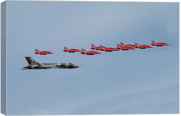 Red Arrows and XH558 Canvas Print by J Biggadike