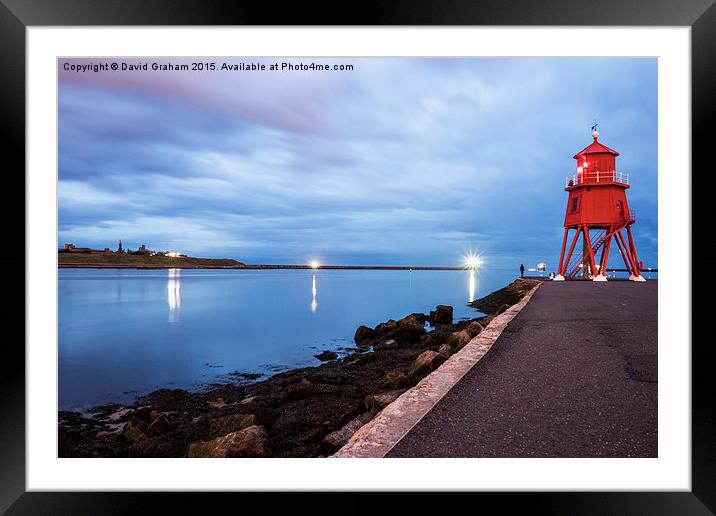 Herd Groyne Lighthouse, South Shields, at night Framed Mounted Print by David Graham