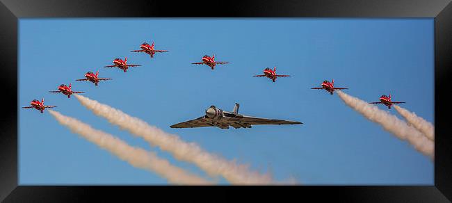  Avro Vulcan XH558 and the Red Arrows perform a fi Framed Print by stuart bennett