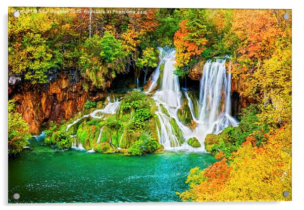 Waterfall in Autumn Forest Acrylic by Artur Bogacki