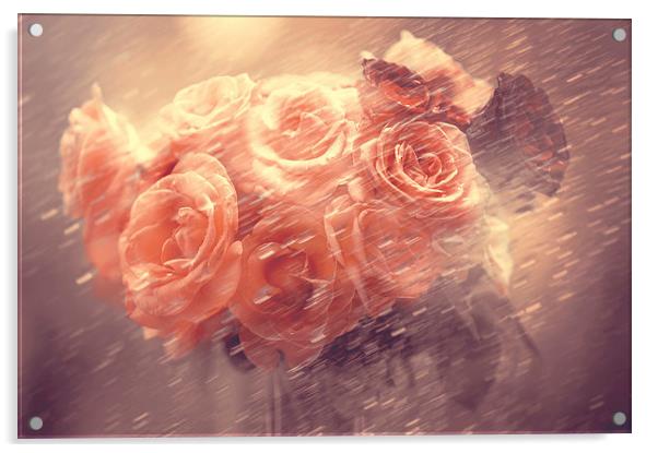  Rain Red Roses Pastel  Acrylic by Jenny Rainbow