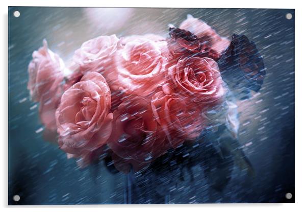  Rain Red Roses Nostalgia Acrylic by Jenny Rainbow